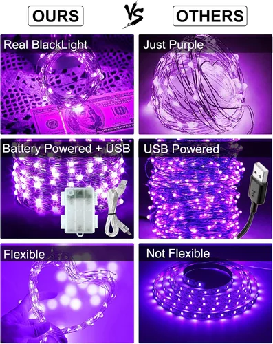 Vista 4 de Paquete de 2 luces negras UV, funciona con pilas, 16.4 pies 2835 luces LED UV, 8 modos, luces negras flexibles, luces de hadas con control remoto