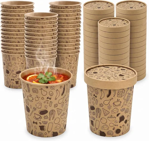 Vista 10 de Cedilis Paquete de 50 recipientes de papel con tapas, recipiente de sopa de papel para llevar, vaso desechable de estraza para sopa fría o caliente