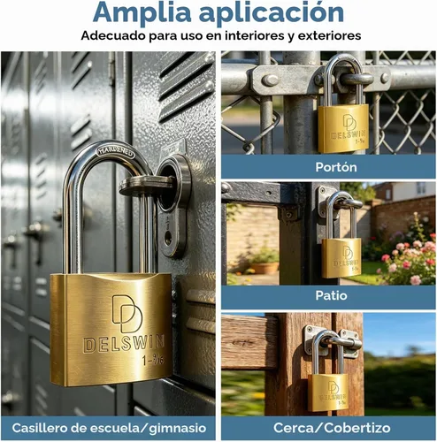Vista 6 de DELSWIN Candado resistente a la intemperie con llave - Cerradura de casillero de latón macizo resistente con grillete largo de 1-9/16", candado