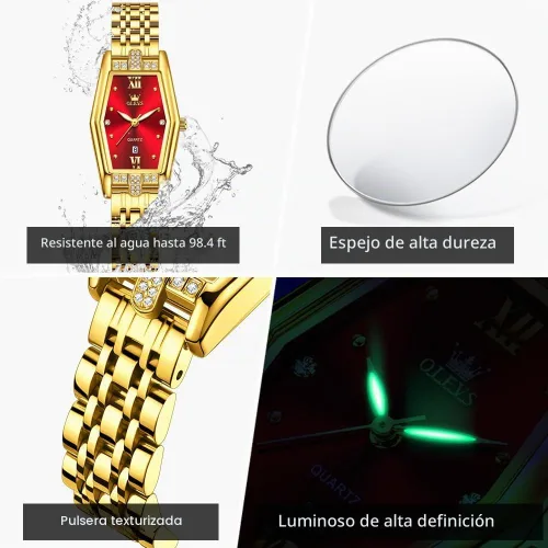 Vista 5 de OLEVS Reloj para las mujeres oro acero inoxidable moda vestido analógico cuarzo luminoso impermeable mujeres wrsit reloj rojo