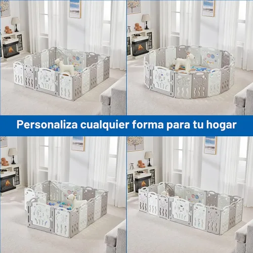 Vista 7 de Albott Corralito para bebés, valla plegable mejorada de 14 paneles con panel de juego y puerta de seguridad, forma ajustable, patios de juegos Gris