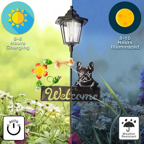 Vista 3 de Crosslight Letrero de bienvenida LED solar de Bulldog Francés, luz de estaca de jardín resistente a la intemperie para decoración al aire libre