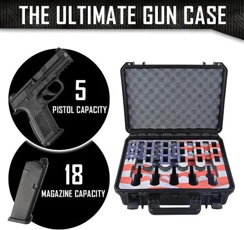 Vista 3 de Estuche para Armas de 5 Pistolas y 18 Cargadores con Inserción de Espuma Personalizada MyCaseBuilder - Impermeable, Resistente - Porta Armas