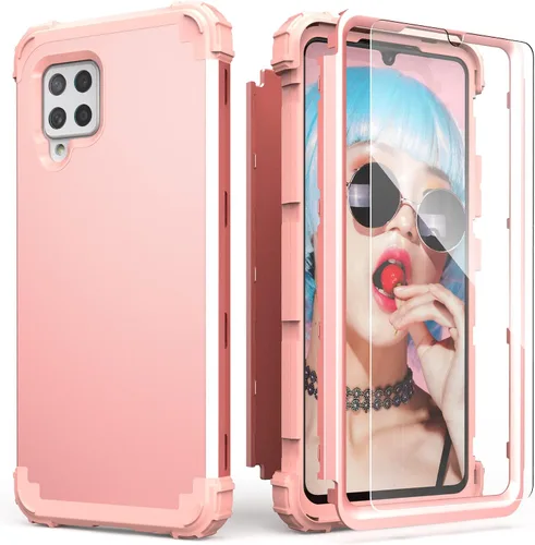 Vista 13 de IDweel Funda para Galaxy A42 5G con protector de pantalla de vidrio templado, híbrida 3 en 1, a prueba de golpes, resistente, cubierta de Negro