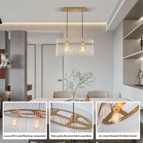 Vista 2 de Lámpara de Araña de Cristal Moderna de 2 Luces D23.6 Lámpara de Araña de Comedor Sobre Mesa Luminaria de Techo Colgante Contemporánea Altura