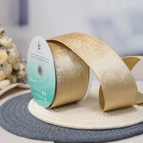 Vista 3 de Cinta de terciopelo dorado champagne de 2.5 pulgadas x 10 yardas para adorno de árbol de Navidad, decoración del hogar, corona, envoltura