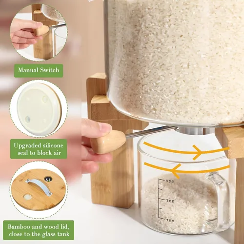 Vista 7 de Zhehao Dispensador de arroz de vidrio de 5 L, contenedor de almacenamiento de arroz, dispensador de cereales de harina, soporte con soporte