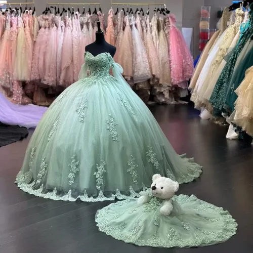 Vista 5 de Ftupza Vestidos de quinceañera con hombros descubiertos vestidos de tul hinchados para vestido de 15 años de encaje apliques vestido de fiesta Ftu01