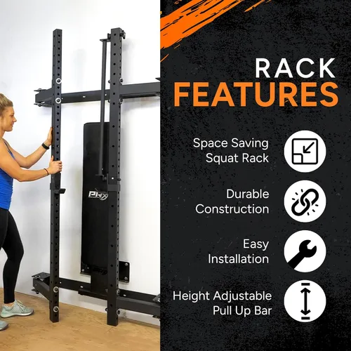 Vista 5 de PRx Performance Soporte plegable para sentadillas de pared, barra de dominadas ajustable resistente, equipo de gimnasio en casa que ahorra espacio