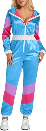 Vista 10 de Yisfri Traje retro de una pieza con bloques de color para mujer, traje retro de los años 80 con cintura elástica con capucha