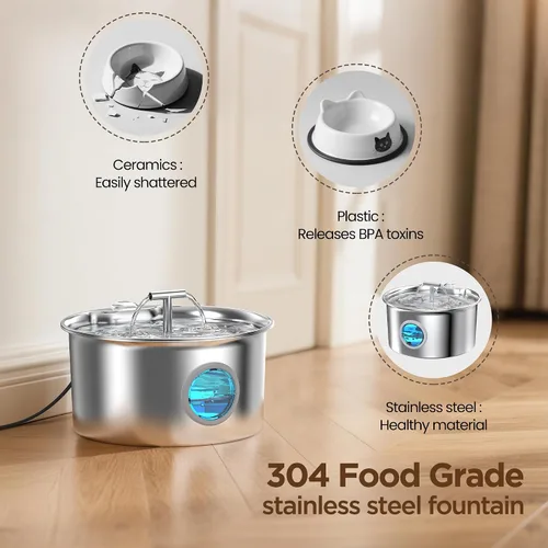 Vista 2 de Fuente de agua para gatos de acero inoxidable: fuente para gatos de 2,6 L para beber - Fuente de agua para mascotas para gatos en interiores - Tazón