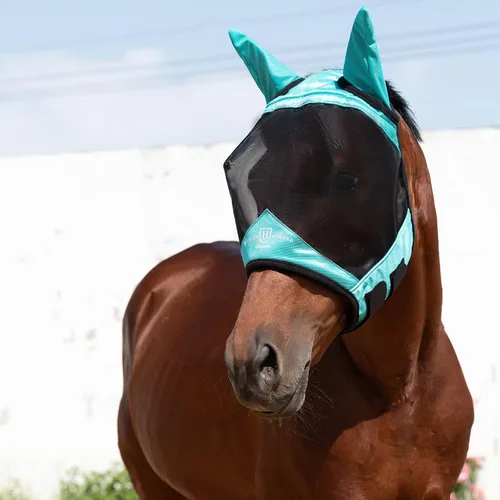 Vista 90 de Harrison Howard Máscara de mosca de caballo luminosa profesional estándar con orejas protección UV para caballo, azul y plateado, pequeño poni Azul