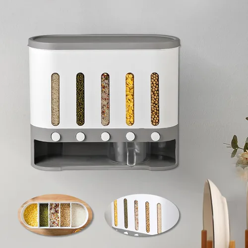 Vista 11 de Dispensador de alimentos secos de almacenamiento de arroz de 6 rejillas, dispensador de granos con taza medidora, dispensador de arroz de 22 libras