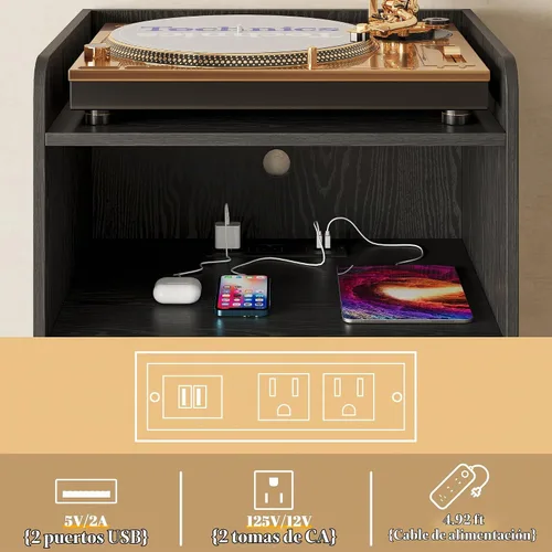 Vista 5 de Soporte para tocadiscos, plataforma giratoria con almacenamiento de discos y estación de carga y puertos USB, mesa para tocadiscos con divisor