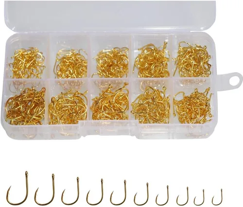 Vista 5 de 300pcs pequeños anzuelos de pesca negro alto carbono ganchos de pesca Set 6 tamaños con una caja de plástico