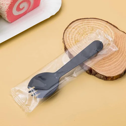 Vista 3 de 100 piezas desechables de plástico Spork de peso medio cubiertos negros tenedores perfectos para la escuela, almuerzo, picnic, restaurantes, fiestas