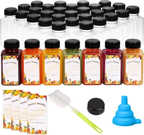 Vista 8 de Moretoes 36 botellas de jugo de 4 onzas, botellas pequeñas de plástico con tapas, recipientes transparentes reutilizables con tapas para jugos