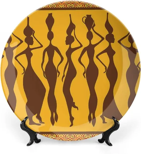 Vista 9 de Plato decorativo de 6 pulgadas, plato de vajilla de mujer africana, boceto de mujeres locales con jarras de cerámica con estampado tribal
