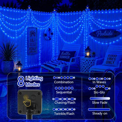 Vista 2 de QITONG Paquete de 2 tiras de luces solares azules para exteriores, impermeables, cada 33 pies, 100 luces LED de Navidad, 8 modos de cable verde