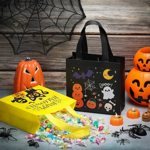 Vista 3 de Sweetude 50 bolsas de Halloween para dulce o truco, bolsas de regalo de Halloween a granel con asas para fiesta, reutilizables, bolsa de dulces