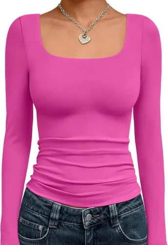 Vista 29 de Trendy Queen - Camisas ombligueras para mujer, manga larga, cuello cuadrado, básicas, para salir, de invierno, Y2K Albaricoque