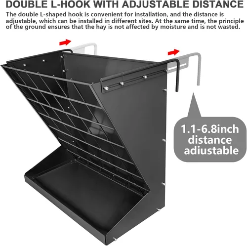 Vista 4 de Estante de heno para montaje en pared, de metal galvanizado resistente 2 en 1, alimentador de heno y granos, comedero para ganado con distancia