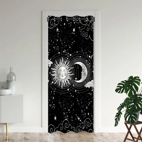 Vista 13 de Cortinas opacas de fantasía bohemias para puertas, diseño de luna mística, estrellas, tribal, para armario de dormitorio de niños, con ojales