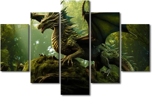 Vista 62 de Lienzo decorativo para pared de sala de estar, lienzo de dragón, 5 paneles, dragón verde, decoración de pared para el hogar, decoración de pared