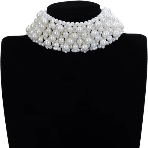 Vista 3 de Collar de cadena de resina de perlas de imitación de múltiples hebras, gargantilla de declaración, joyería de disfraz para mujer, Perla, No es una