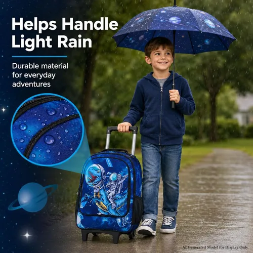 Vista 2 de Mochila rodante para niñas y niños, juego de 3 piezas con ruedas de diseño de unicornio o dinosaurio Dinosaurio astronauta.
