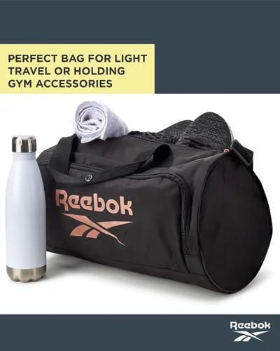 Vista 7 de Reebok Bolsa de lona - Bolsa de gimnasio para entrenamiento y viajes, bolsas de lona de tamaño pequeño para mujeres y hombres, Easton Black