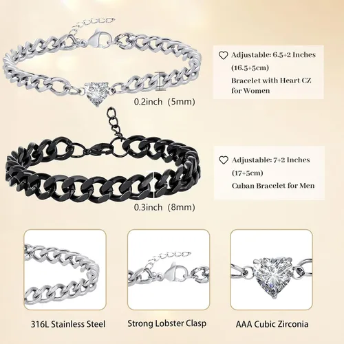 Vista 6 de Pulseras de cadena cubana a juego para parejas, regalos para novio, marido, alma gemela, novia, San Valentín, aniversario, cumpleaños, regalo