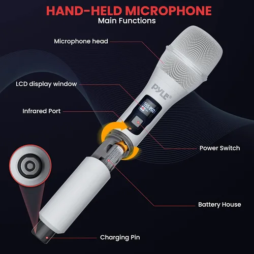 Vista 3 de Pyle Sistema de micrófono inalámbrico UHF - Receptor Bluetooth con 2 micrófonos de mano recargables, baterías de 1200 mAh, sonido claro