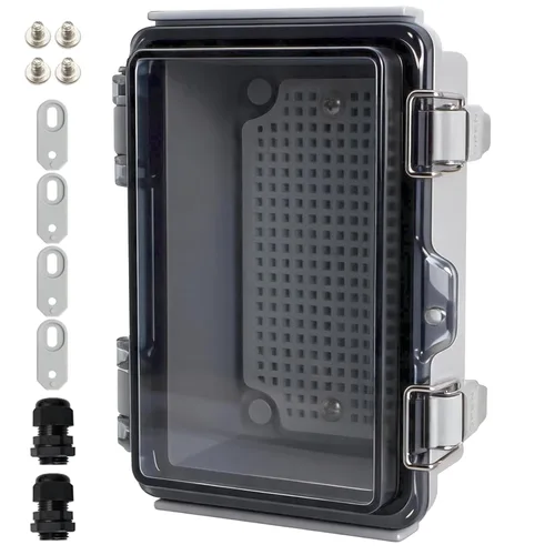 Vista 18 de MAKERELE Caja eléctrica impermeable pequeña al aire libre IP67 ABS caja de plástico con placa de montaje, cubierta gris con bisagras, soporte