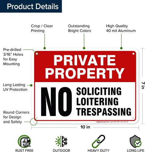 Vista 6 de Señal de propiedad privada No Trespassing No Loitering No Soliciting (7x10)