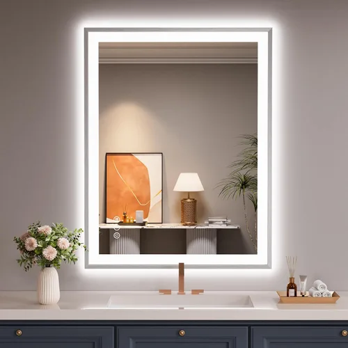 Vista 12 de Espejo de baño LED de 24x28 pulgadas con marco negro, espejos de baño retroiluminados y con luz frontal para pared, antiempañamiento, regulable
