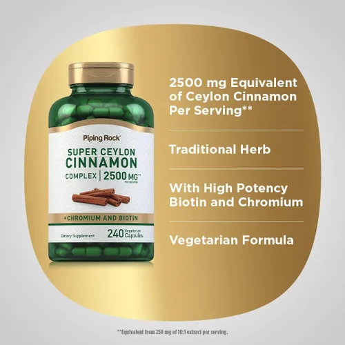 Vista 4 de Piping Rock Super Ceylon Complejo de Canela de Ceilán Cápsulas 2500 mg 240 Pastillas en Polvo Suplemento de Extracto con Cromo y Biotina