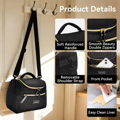 Vista 6 de Lonchera para mujer, reutilizable, aislada, con correa de hombro ajustable y bolsillo frontal, a prueba de fugas, térmicas, a prueba de fugas, Negro