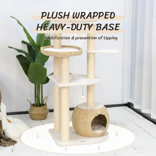 Vista 5 de KAMABOKO Árbol Moderno para Gatos, Torre de 53 pulgadas para Gatos de Interior, Postes Rascadores de Sisal Natural, Condominio Tejido a Mano