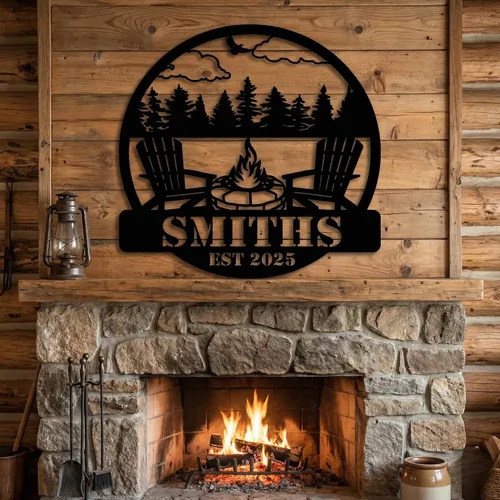 Vista 7 de Customizable Metal Sign for Your Perfect Mountain Getaway - Featuring Fire Pit and Scenic View, Personalized Family Badge with Fire Pit - Create