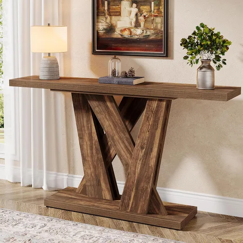 Vista 3 de Tribesigns Mesa de consola de 55 pulgadas estilo granja, mesa detrás del sofá con soporte para TV de base geométrica, mesa de sofá delgada