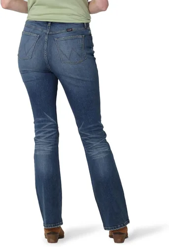 Vista 3 de Wrangler Jeans de bota de tiro alto para mujer, Cabaña Cobalto Plaid
