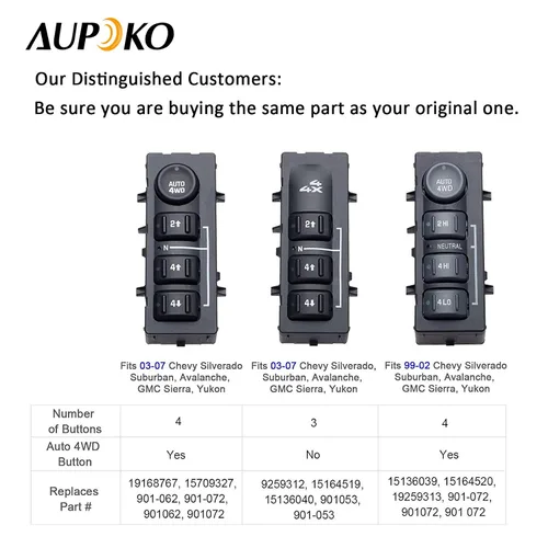 Vista 3 de Aupoko Interruptor selector 4WD, interruptor de caja de transferencia de 3 botones de tracción 4x4, sustituye a # 19259312 15164519 15136040
