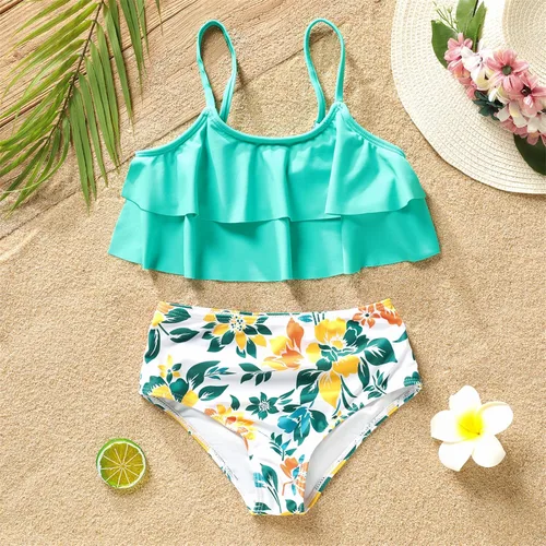 Vista 2 de PATPAT Trajes de baño de dos piezas con estampado floral tropical para niñas, 2 piezas