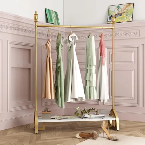 Vista 11 de Perchero de metal dorado con estante de madera, perchero resistente con ruedas para dormitorio, uso en boutiques minoristas (37.4 pulgadas de largo)