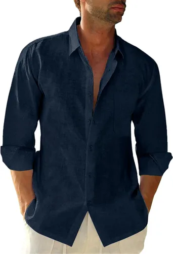 Vista 15 de JEKAOYI - Camisas de lino con botones para hombre, de manga larga, ajuste regular, de algodón, camisas de playa con bolsillo
