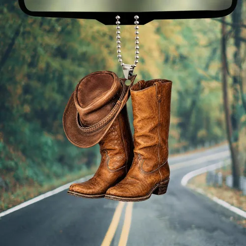 Vista 3 de Talataca Botas de sombrero de vaquera para hombre y mujer, caballo occidental 2D, plano, espejo retrovisor, accesorios para el árbol de Navidad