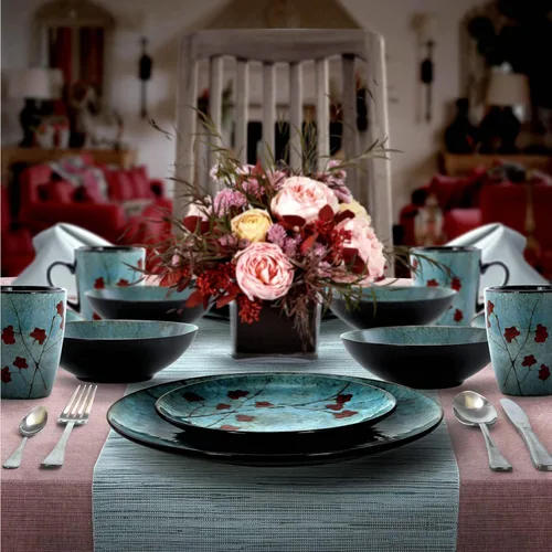 Vista 5 de Elama Floral Accents - Vajilla de 16 piezas, color azul