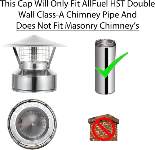 Vista 3 de AllFuel HST Tapa de lluvia con pararrayos de chispas de 3/4 pulgadas para tubo de chimenea aislado de doble pared de acero inoxidable 304 de 6