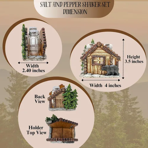 Vista 3 de BestGiftEver Juego de saleros y pimenteros con soporte, diseño de oso y cabaña para cocina estilo cabaña, decoración rústica de poliresina